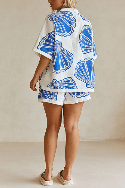 Margovil V Neck Short Sleeves Shirt and Drawstring Waist Shorts Seashell Print Set