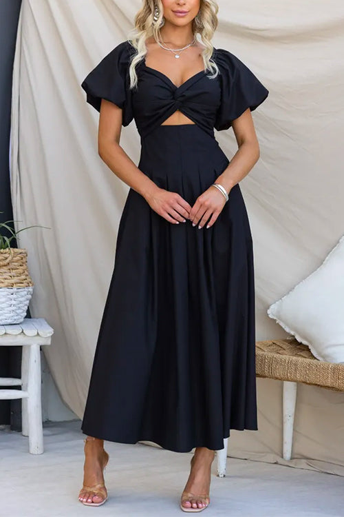 Twist Front Puff Sleeves Cut Out Maxi Swing Dress