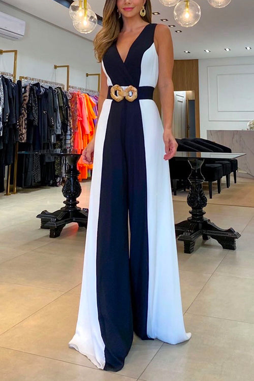 Margovil Sleeveless V Neck Color Block Flowy Wide Leg Jumpsuit