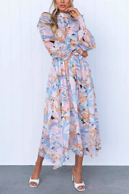 Mockneck Tie Waist Printed Flowy Midi Swing Dress