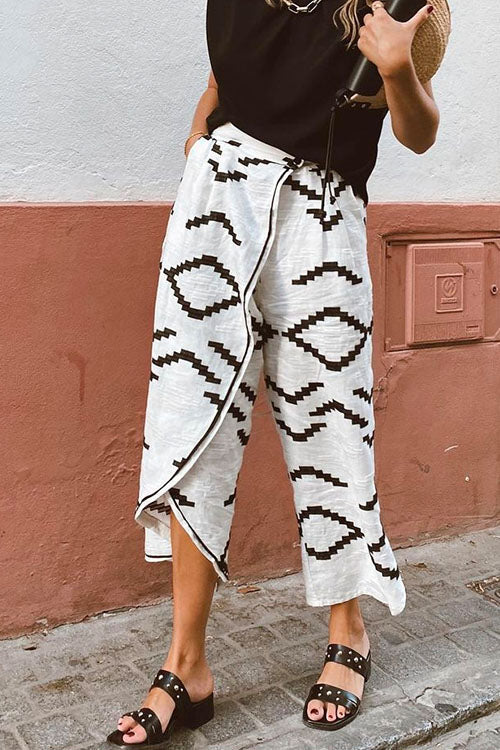 High Waist Wrapped Wide Leg Printed Crop Pants