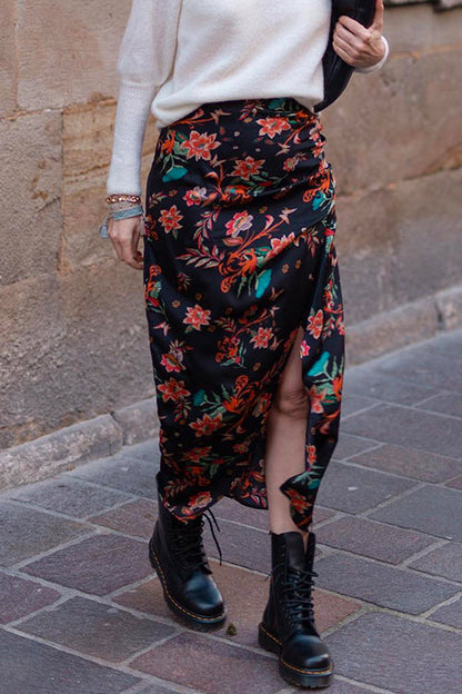 Floral Printed Slit Wrapped Maxi Skirt