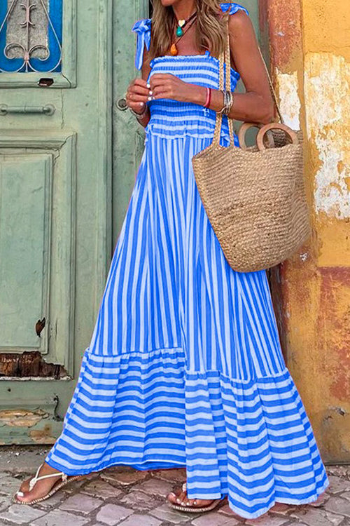 Margovil Striped Bow Knot Shoulder Smocked Ruffle Maxi Holiday Dress