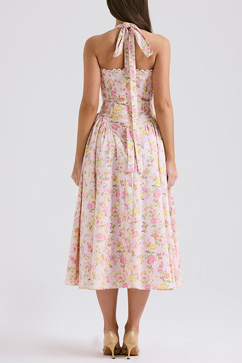 Margovil Halter Tie Front Waisted Floral Print Midi Dress