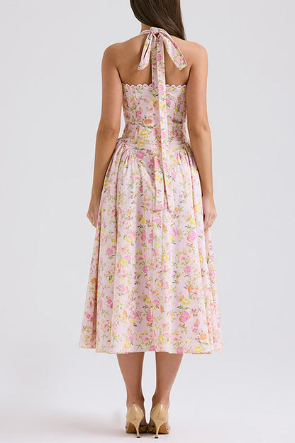 Margovil Halter Tie Front Waisted Floral Print Midi Dress