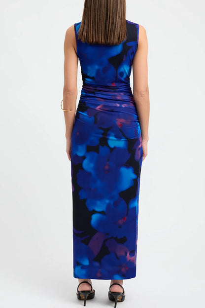 Sleeveless Ruched Floral Print Bodycon Maxi Dress