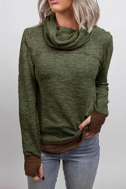 Margovil Casual Cowl Neck Color Block Pullover with Thumb Hole