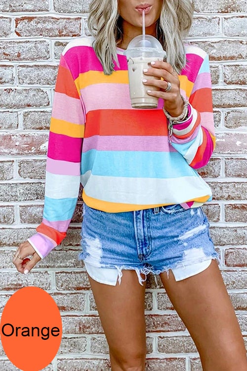 Margovil Rainbow Striped Long Sleeves Pullover Top