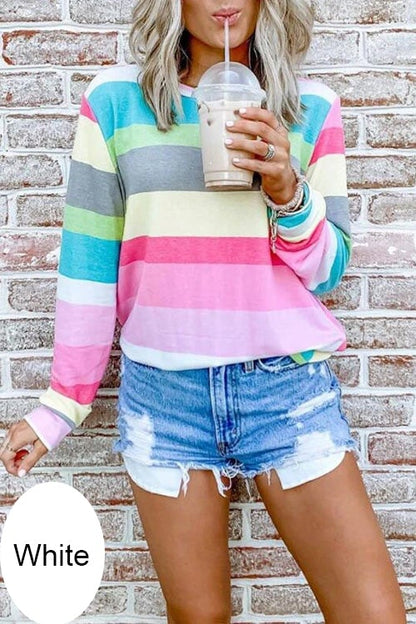 Margovil Rainbow Striped Long Sleeves Pullover Top