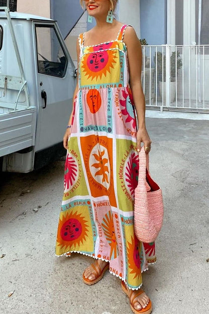 Smile Print Pocketed Swing Cami Maxi Vacation Dress