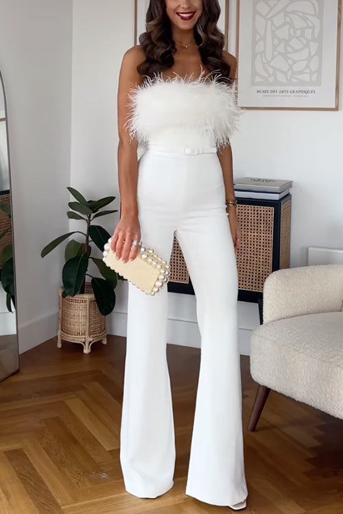 Margovil Strapless Feather Tube Top Flare Bottoms Jumpsuit