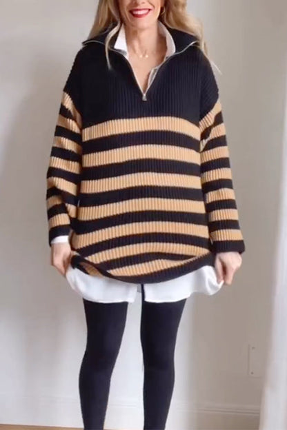 Quarter Zip V Neck Ribbed Knit Striped Pullover Sweater