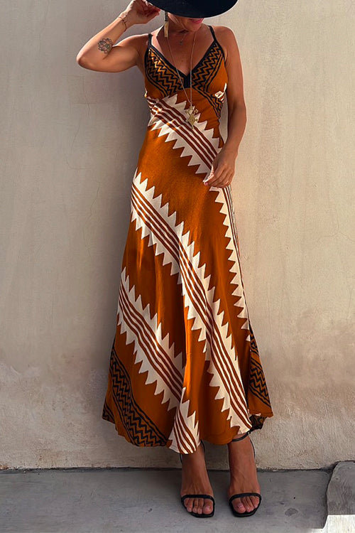 Margovil V Neck Color Block Printed Maxi Swing Cami Dress