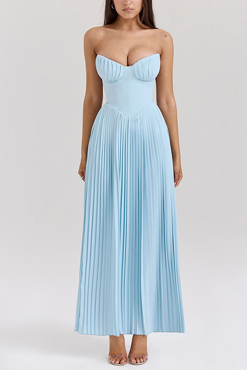 Margovil Strapless V Neck Pleated Corset Maxi Party Dress