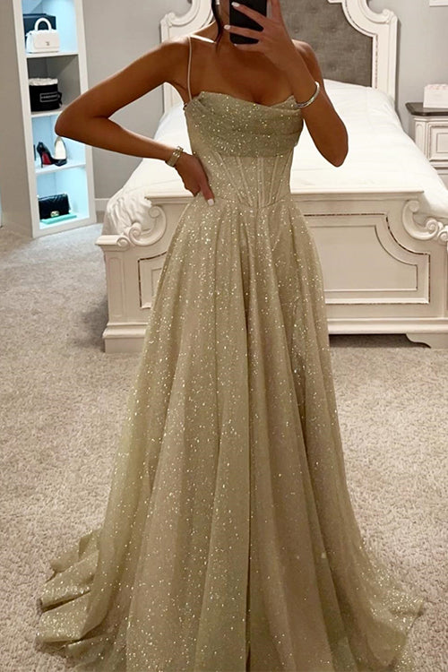 Robe longue de soirée en tulle scintillant à bretelles spaghetti Margovil