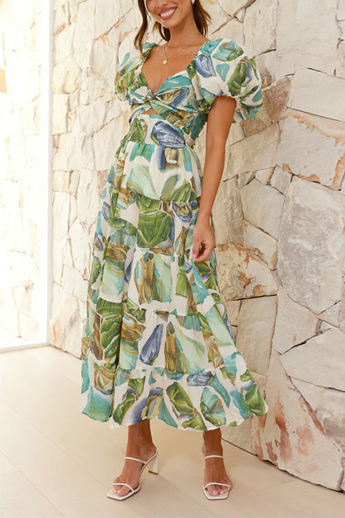 Margovil Twist Front Puff Sleeves Ruffle Tiered Printed Maxi Dress