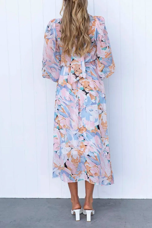 Mockneck Tie Waist Printed Flowy Midi Swing Dress