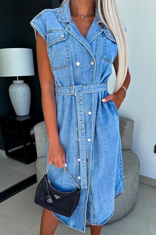 Margovil Lapel Double Breasted Curve Hem Denim Midi Dress with Belt