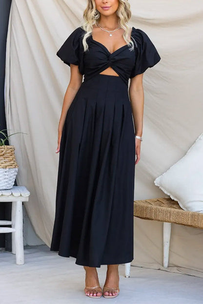 Twist Front Puff Sleeves Cut Out Maxi Swing Dress