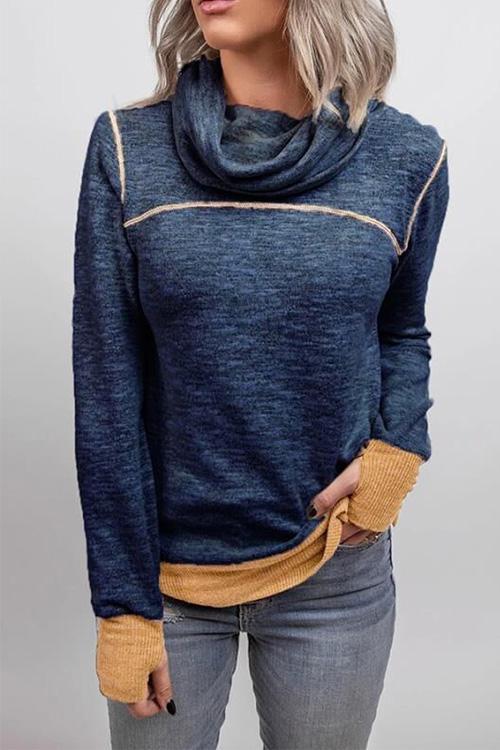 Margovil Casual Cowl Neck Color Block Pullover with Thumb Hole