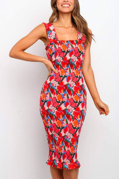 Margovil Square Collar Floral Smocked Midi Bodycon Dress