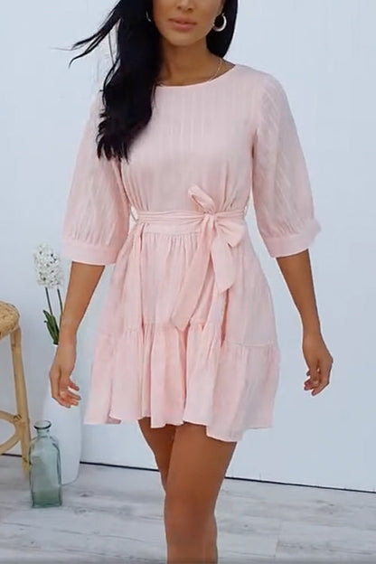 Half Sleeves Tie Waist Ruffle Mini Dress