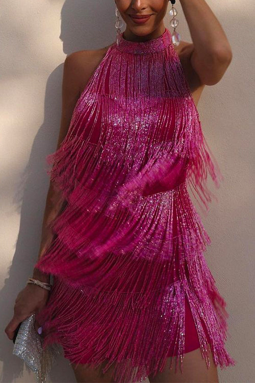 Margovil Halter Backless Sequin Fringe Layered Club Mini Dress