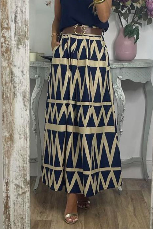 Margovil Pocketed Geometric Printed A-line Maxi Swing Skirt