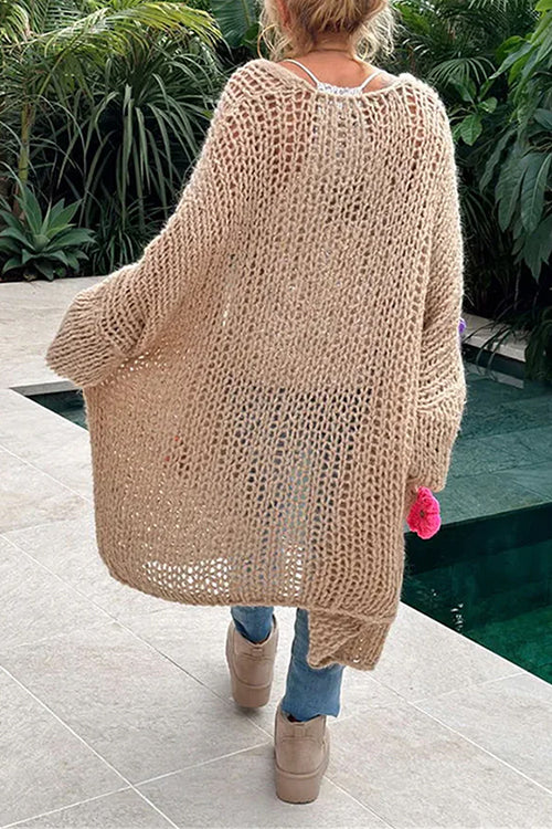 Margovil – Lässiger Midi-Pullover mit Blumenapplikation, vorne offen (in 3 Farben)