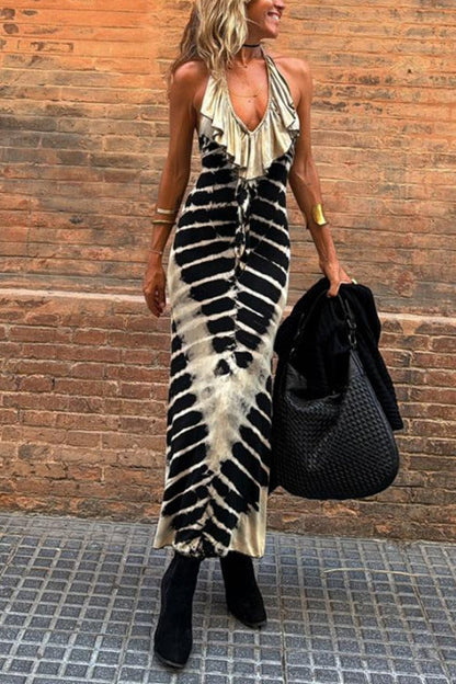 Ruffle Halter V Neck Backless Tie Dye Maxi Dress