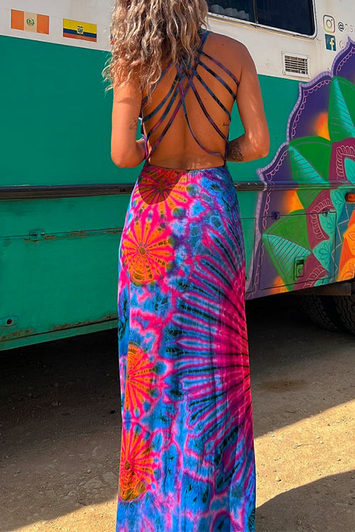 Criss Cross Backless Tie Dye Maxi Cami Dress