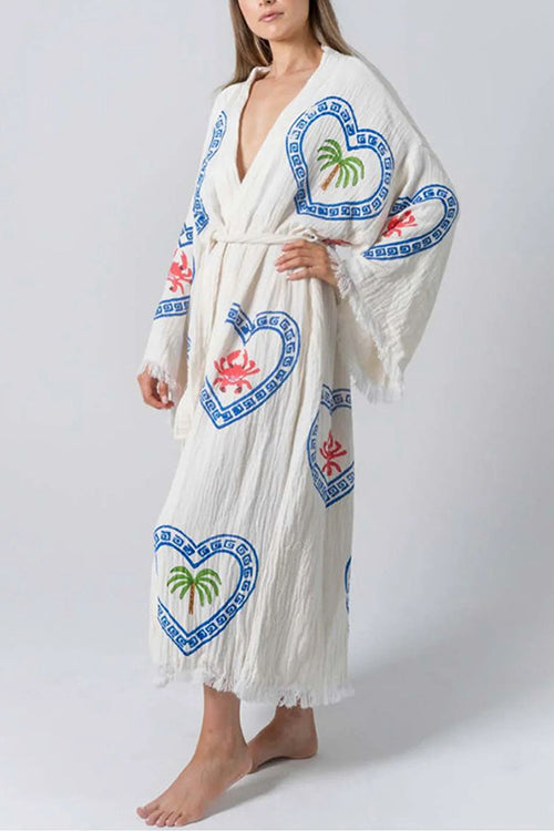 Margovil Raw Hem Tie Waist Printed Beach Vacation Kimono Maxi Dress