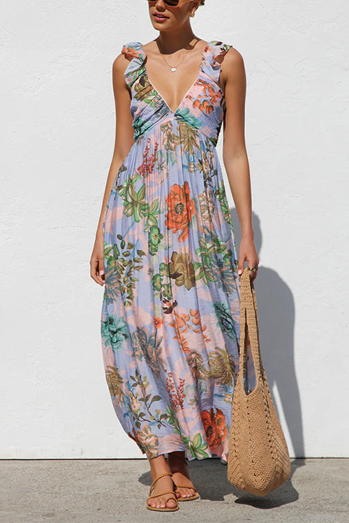 Margovil Sleeveless V Neck Floral Print Maxi Holiday Dress