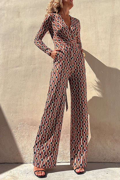 Chic V Neck Waisted Wide Leg Printed Jumpsuit