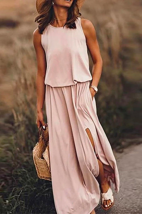 Margovil Sleeveless Waisted Slit Maxi Tank Dress