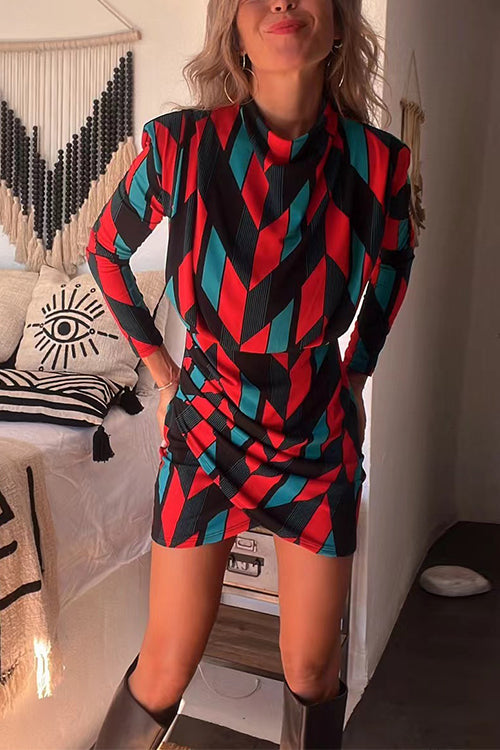 Mockneck Long Sleeves Printed Tulip Mini Dress