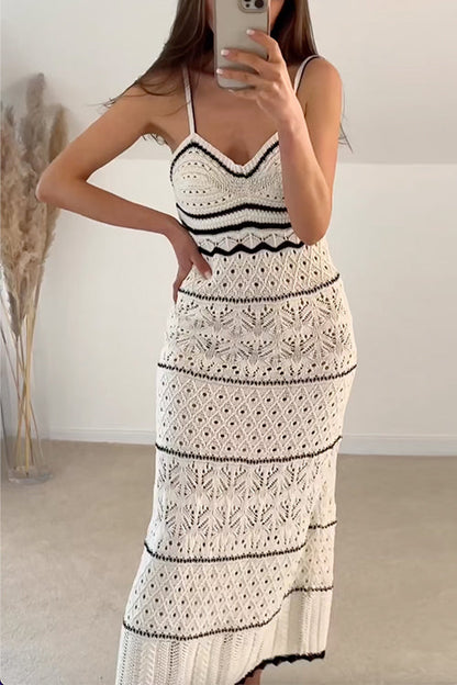 Margovil V Neck Crochet Hollow Out Color Block Knitting Maxi Cami Dress