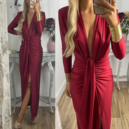 Margovil Deep V Neck Ruched Slit Maxi Bodycon Dress