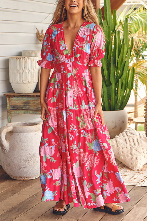 Margovil V Neck Button Up Floral Print Flowy Maxi Dress