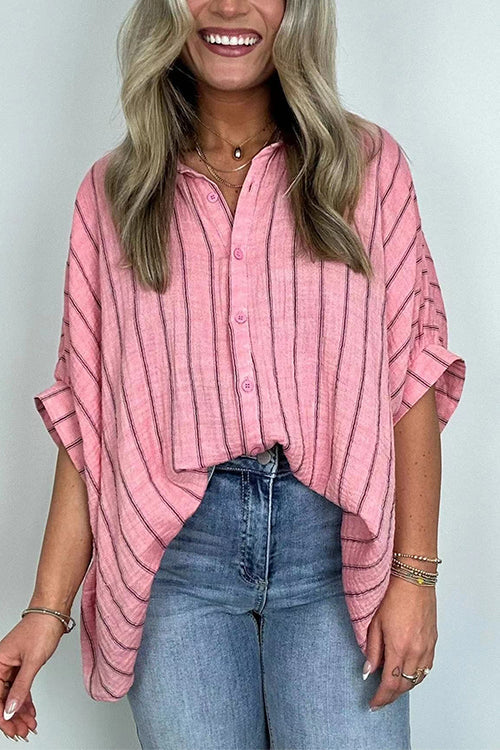 Margovil Oversized Button Down Batwing Sleeves Striped Shirt