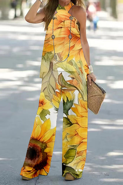 Margovil Criss Cross Halter Sleeveless Top Wide Leg Pants Printed Vacation Set