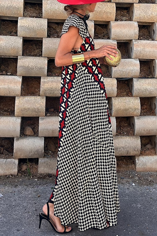 V Neck Color Block Plaid Swing Maxi Dress