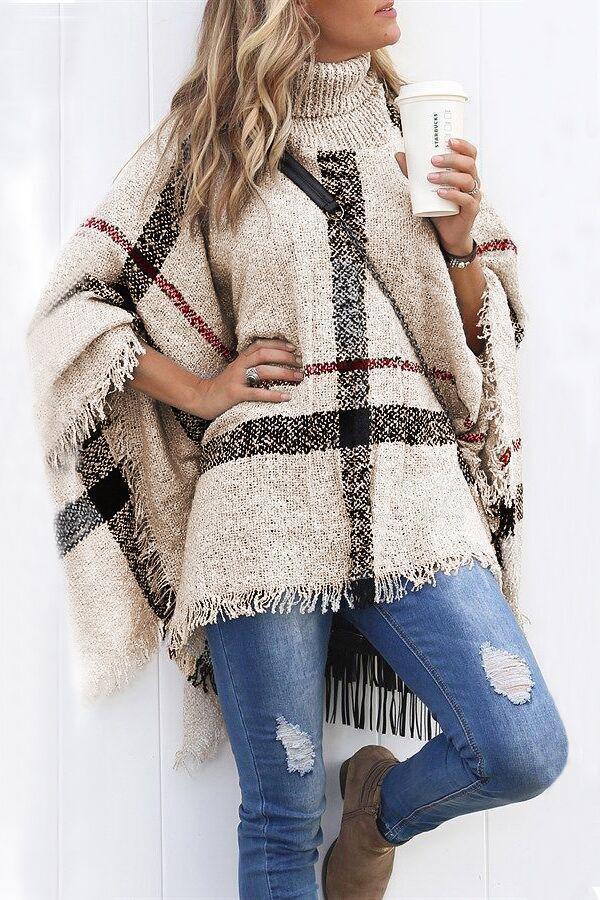 Margovil Chicest Tassel Lattice Cloak Poncho Sweater