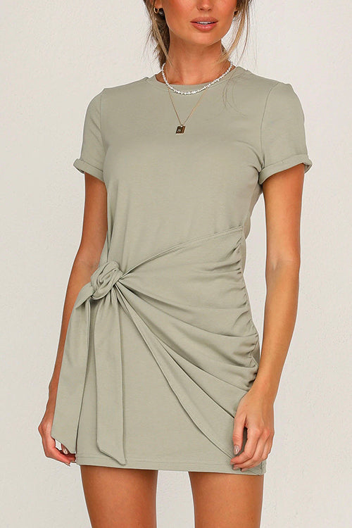 Margovil Short Sleeve Knot Waist Solid T-shirt Dress