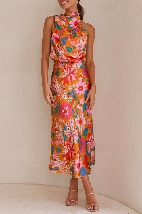 Margovil Tie Back Halter Sleeveless Waisted Maxi Floral Dress