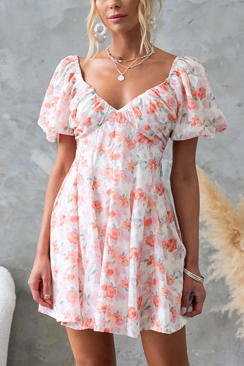 V Neck Puff Sleeves Backless Floral Print Mini Dress