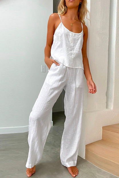 Margovil Cotton Linen Cami Top Wide Leg Pants Loungewear Set