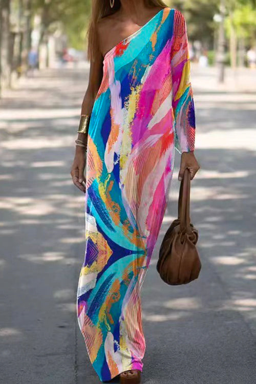 Margovil One Shoulder Long Sleeve Tie Dye Maxi Holiday Dress