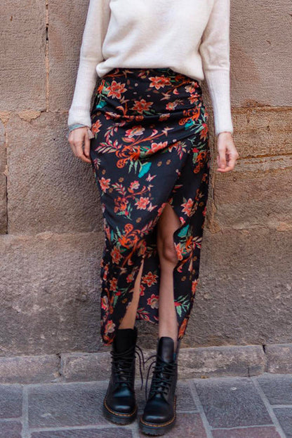 Floral Printed Slit Wrapped Maxi Skirt