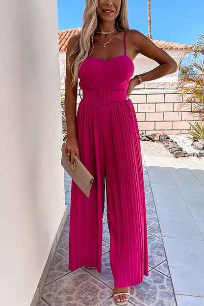 Margovil Spaghetti Strap Belted Pleated Wide Leg Jumpsuit